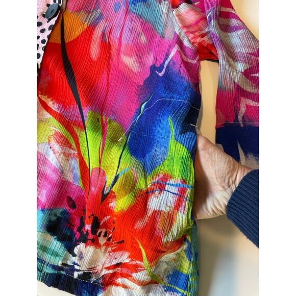 Ali Miles Colorful Abstract Print Artsy Top Pockets Button Front 3/4 Bell Sleeve - Picture 4 of 13